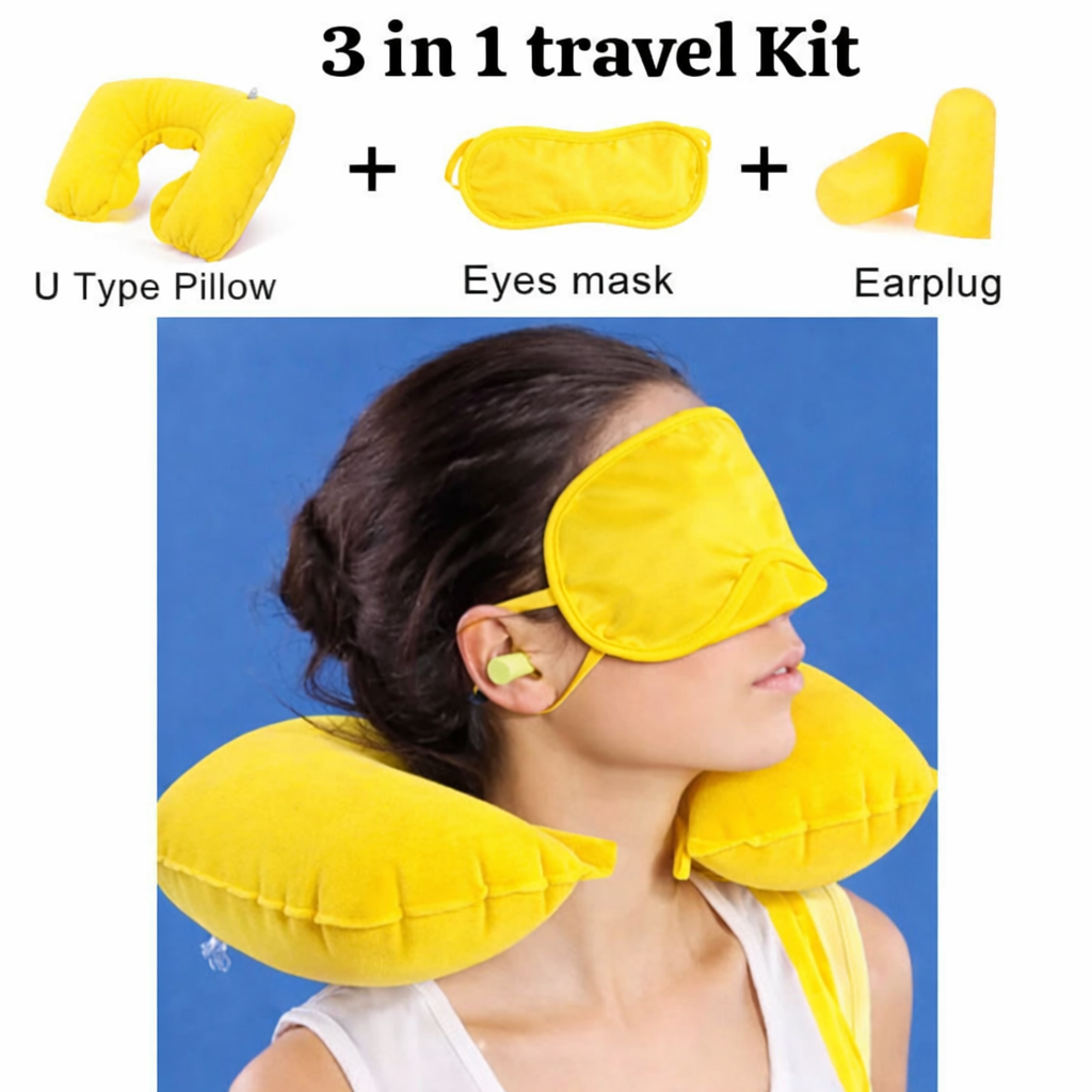 3 In 1 Air Travel Kit Combo - Pillow, Ear Buds & Eye Mask (Inflatable Neck Cushion - Flannelette, Ear Buds - Cotton Foam, Eye Mask - Polyester) (3 in 1 pillow for traveling.)