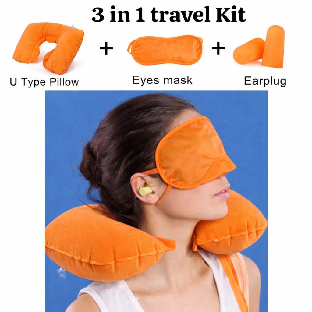 3 In 1 Air Travel Kit Combo - Pillow, Ear Buds & Eye Mask (Inflatable Neck Cushion - Flannelette, Ear Buds - Cotton Foam, Eye Mask - Polyester) (3 in 1 pillow for traveling.)