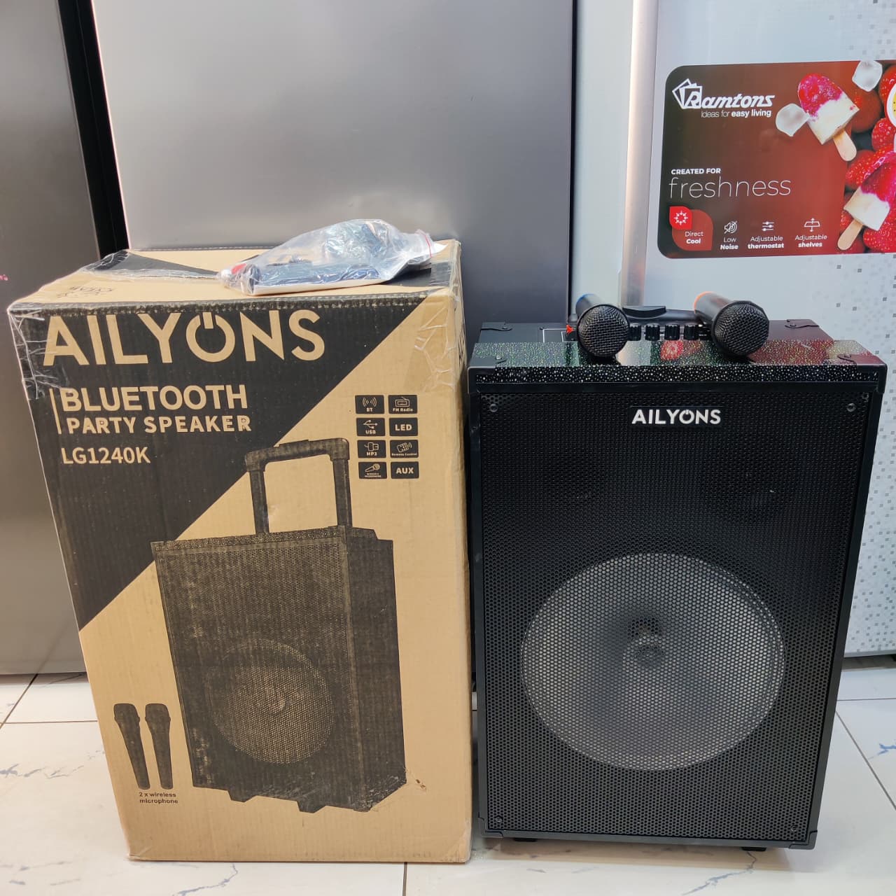 AILYONS LG1240K PORTABLE PARTY SPEAKER WITH WIRELESS MICROPHONES AND TROLLEY DESIGN