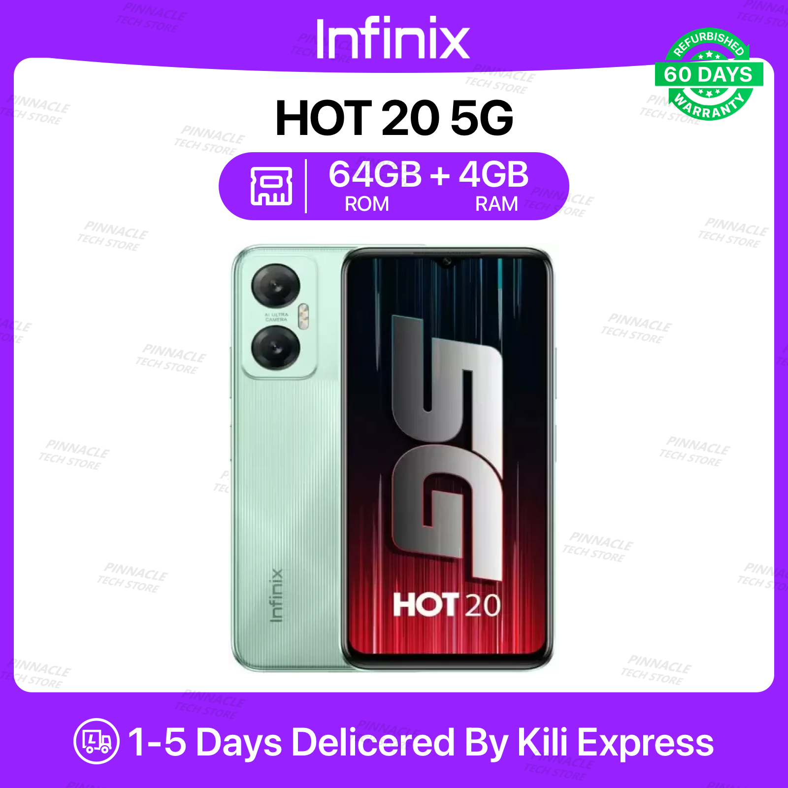 Refurbished Infinix Hot 20 5G 4GB RAM 64GB ROM  6.58'' 5000mAh 8MP+50MP Camera (Dual SIM) Android Smartphone/Mobile Phones