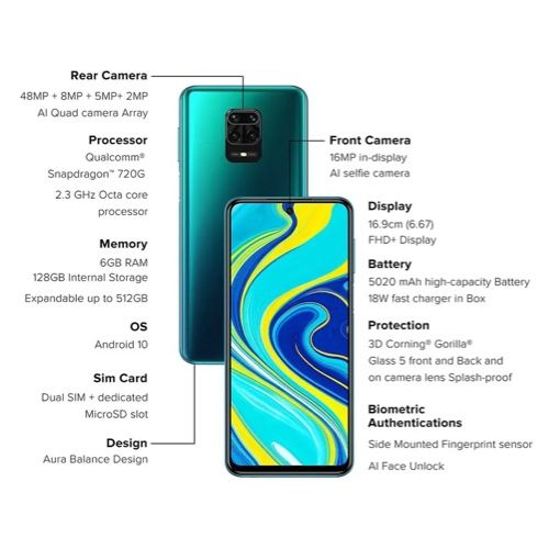 Refurbished Redmi Note 9 Pro 6GB RAM 128GB ROM 6.67'' 5020mAh 16MP+64MP Camera(Dual Sim) Android Smartphones/ Mobile phones