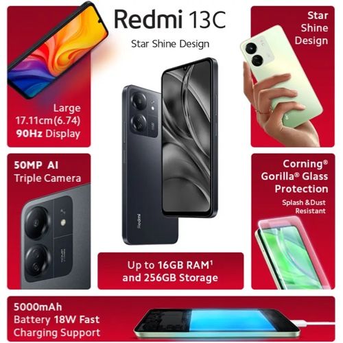Refurbished Redmi 13C 8GB RAM 256GB ROM 6.74'' 5000mAh 50MP+8MP Camera(Dual Sim) Android Smartphones/ Mobile phones