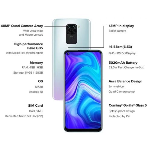 Refurbished Redmi Note 9 3/4GB RAM 64/128GB ROM 6.53'' 5020mAh 13MP+48MP Camera(Dual Sim) Android Smartphones/ Mobile phones