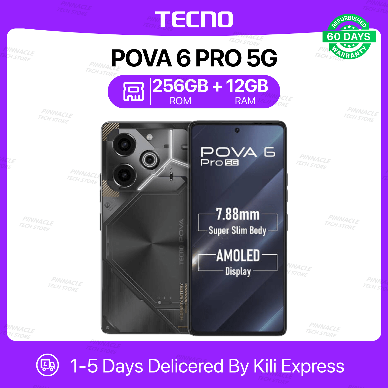 Refurbished Tecno POVA 6 Pro 5G 8GB/12GB RAM 256GB ROM 6.78'' 6000mAh 32MP+108MP Camera(Dual Sim) Android Smartphones/ Mobile phones