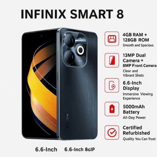 Refurbished INFINIX SMART 8 4GB RAM + 128GB ROM 6.6" 5000mAh 13MP+8MP Camera  (Dual SIM) Android Smartphones/ Mobile Phones