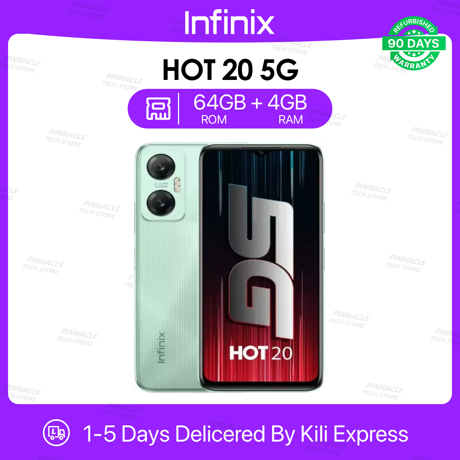 Refurbished Infinix Hot 20 5G 4GB RAM 64GB ROM  6.58'' 5000mAh 8MP+50MP Camera (Dual SIM) Android Smartphone/Mobile Phones