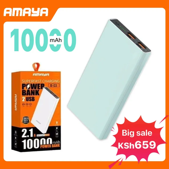 Amaya 10000mAh Power Bank – Fast Charging 2.1A, Dual USB Output, Compact & Reliable Backup Battery for All Phones
