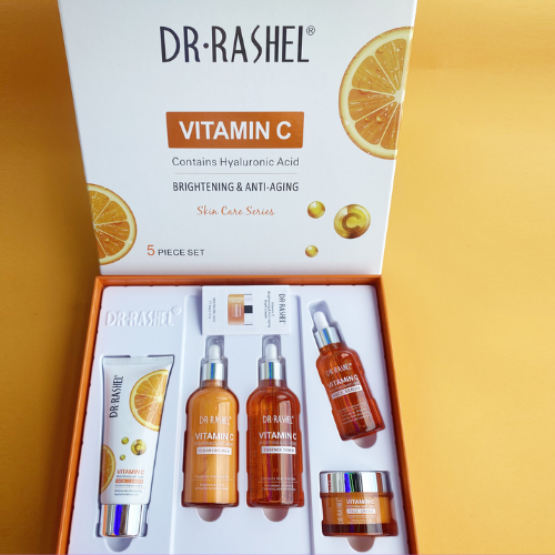Dr Rashel Vitamin C Skincare 5pc Set contains(facial cleanser/cleansing milk/toner/face serum/face cream)