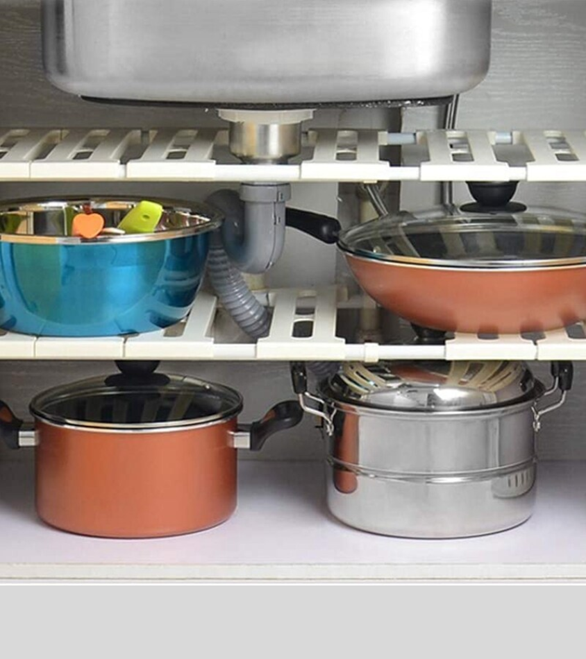 Expandable Under-the-Sink Storage Rack – Adjustable Organizer Shelf for Kitchen, Bathroom, Laundry & Pool Supplies