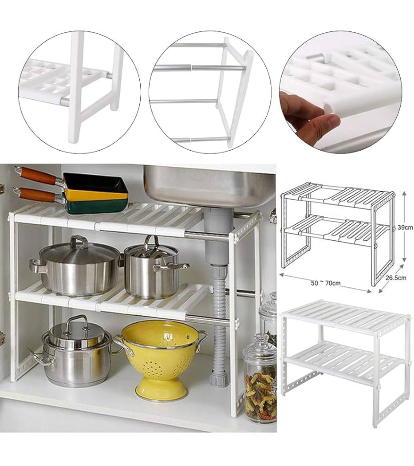 Expandable Under-the-Sink Storage Rack – Adjustable Organizer Shelf for Kitchen, Bathroom, Laundry & Pool Supplies