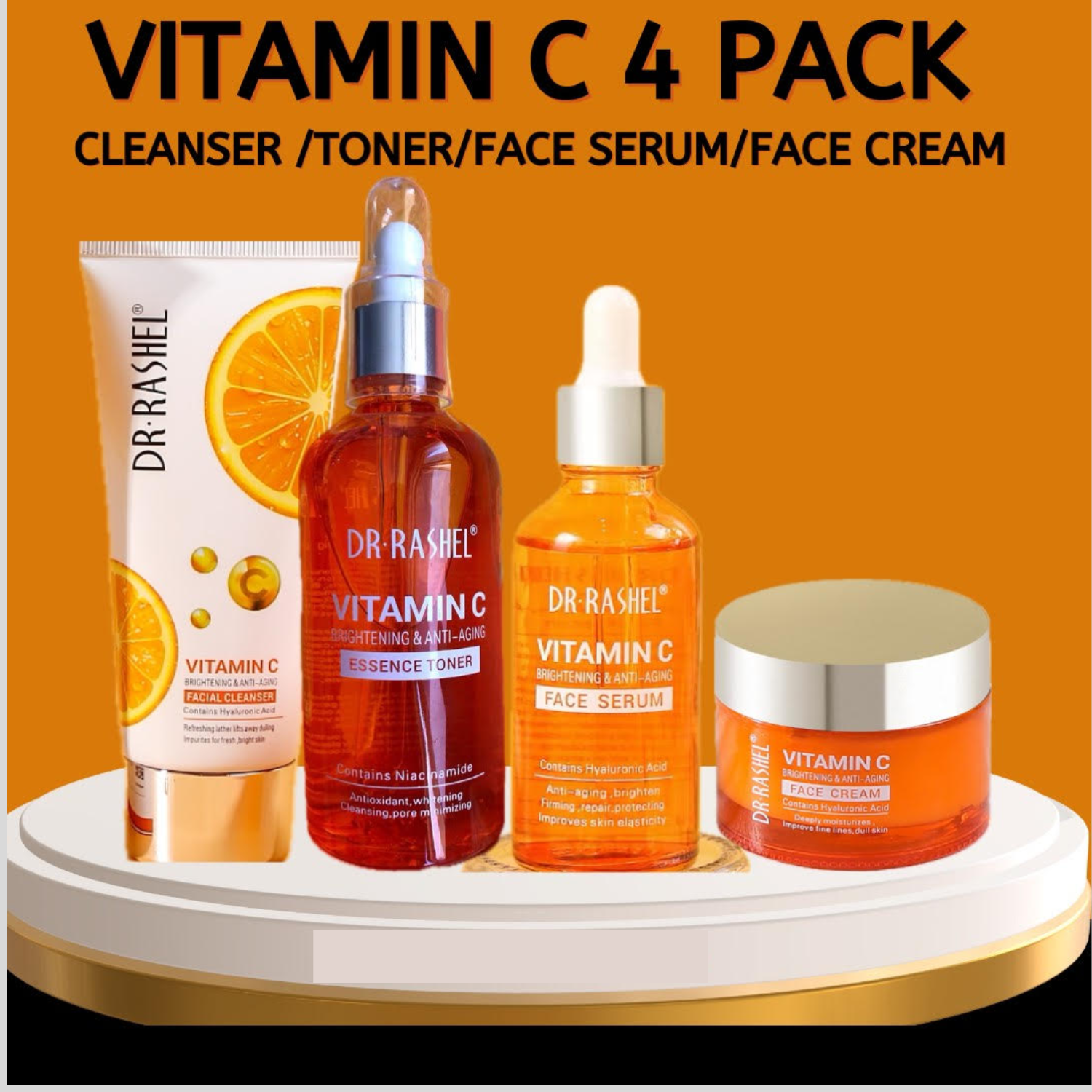 Dr Rashel Vitamin C Skincare Set 4-in-1 – Cleanser, Essence Toner, Brightening Serum & Face Cream for Glowing Skin, Dark Spot Removal, Anti-Aging & Hydration