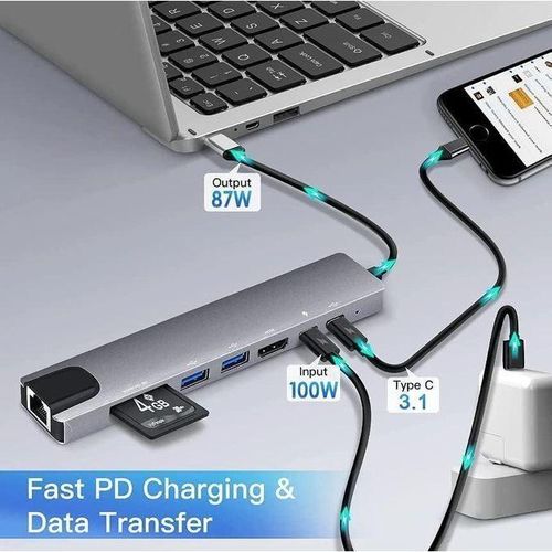 Type C To HDTV 8 In 1 Adapter HDMI PD 2 USB SD TF Rj45 Compatible.