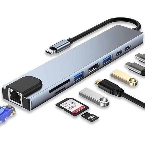 Type C To HDTV 8 In 1 Adapter HDMI PD 2 USB SD TF Rj45 Compatible.