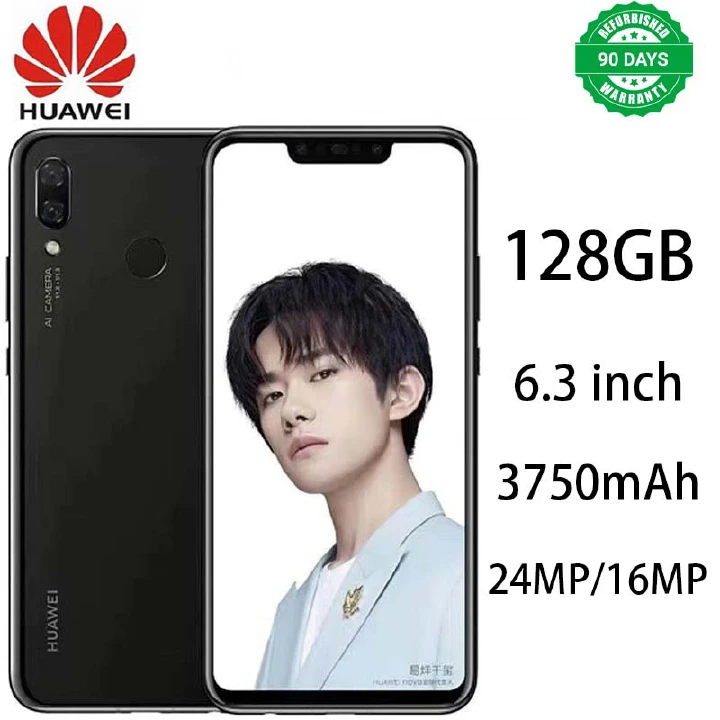 Refurbished Phones HUAWEI nova 3 6.3 inches 6+128GB Dual SIM (Nano SIM card) 16MP+24MP 3750mAh Smartphone