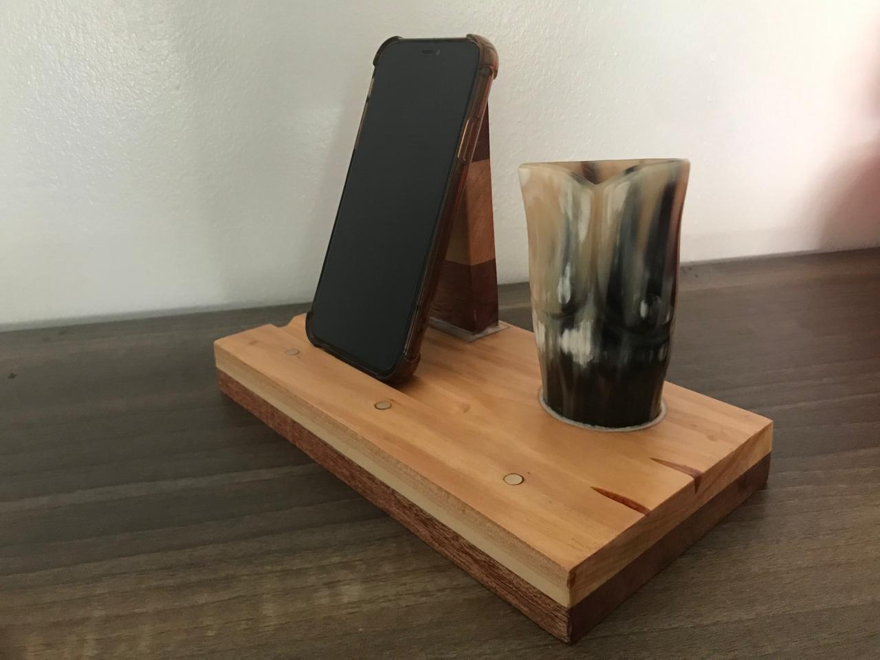 Horn Pen Holder with brass metal inlays and tablet/phone stand