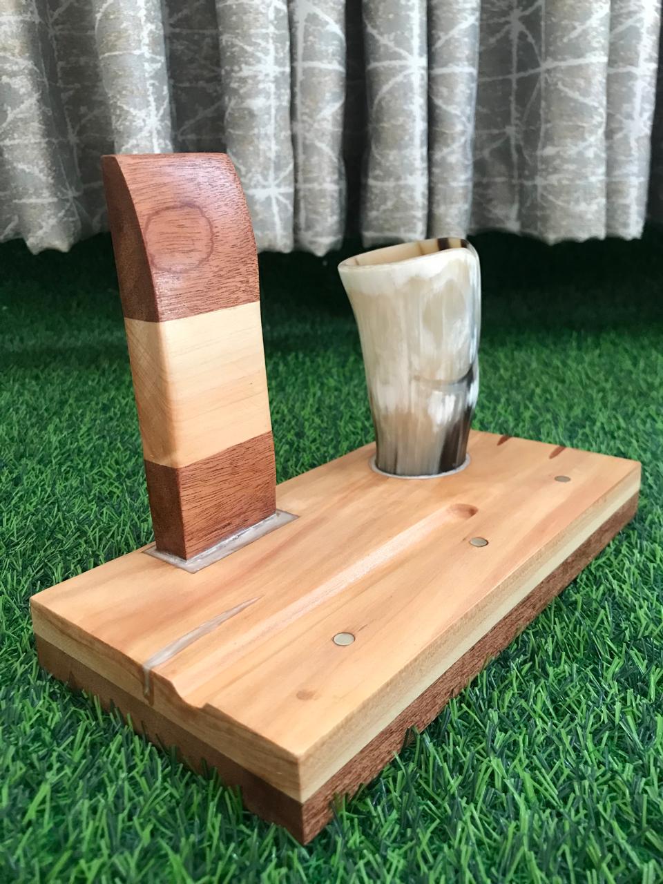 Horn Pen Holder with brass metal inlays and tablet/phone stand