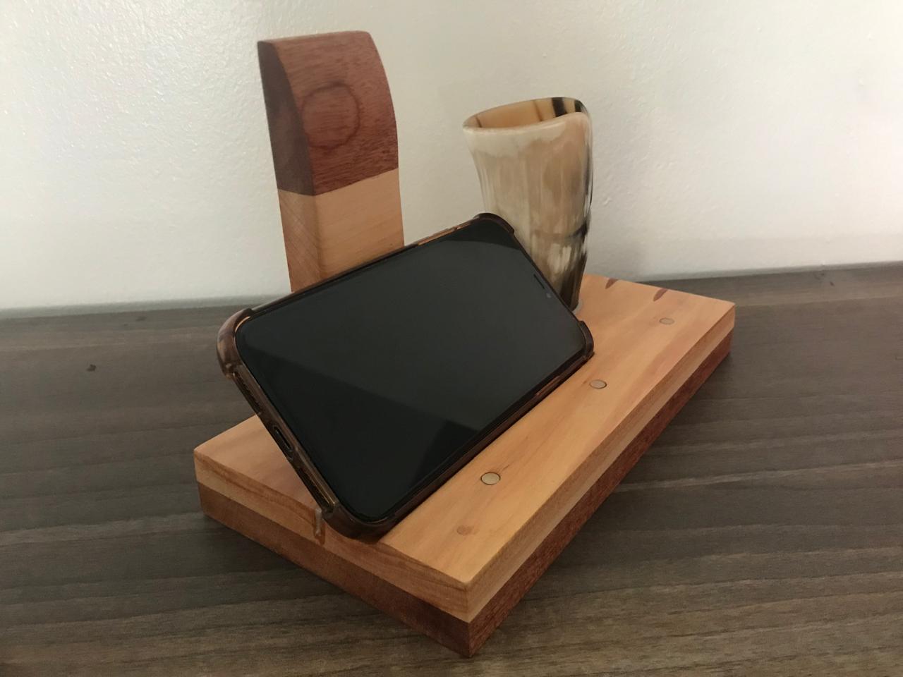 Horn Pen Holder with brass metal inlays and tablet/phone stand