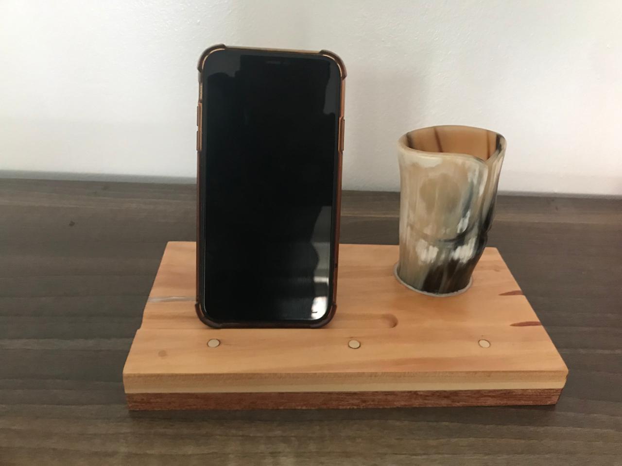 Horn Pen Holder with brass metal inlays and tablet/phone stand