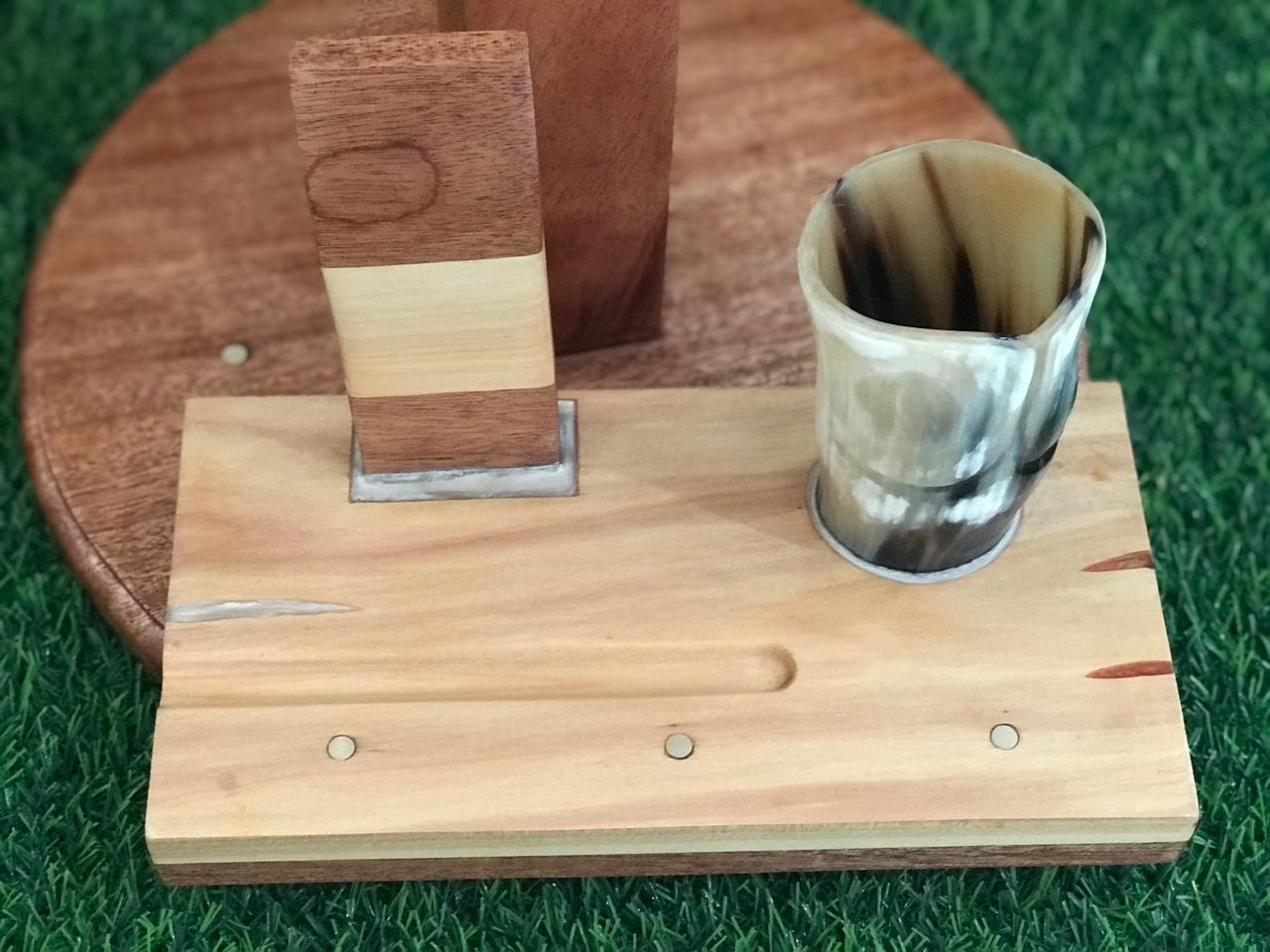Horn Pen Holder with brass metal inlays and tablet/phone stand
