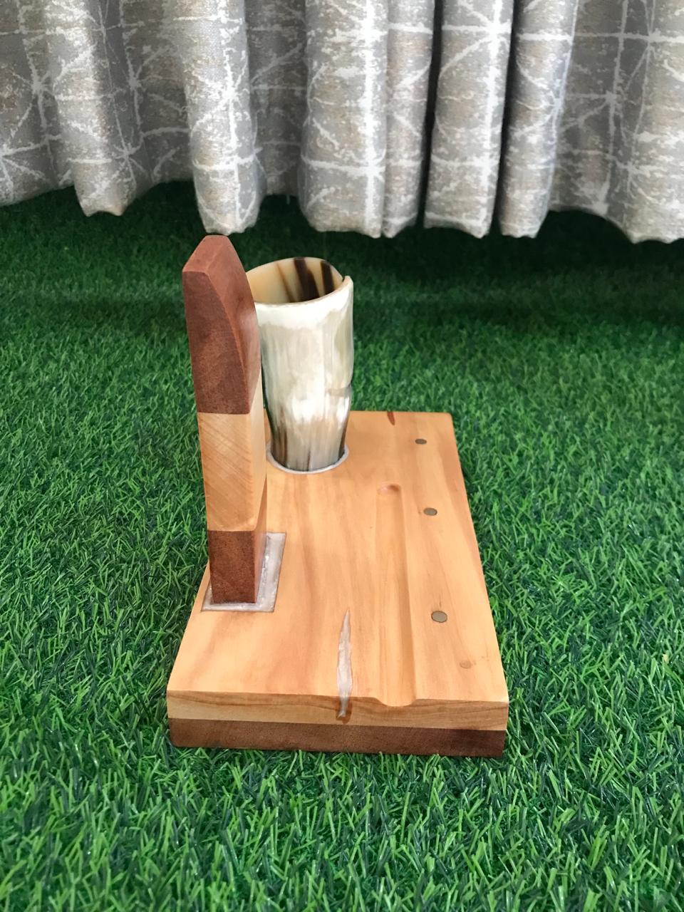 Horn Pen Holder with brass metal inlays and tablet/phone stand