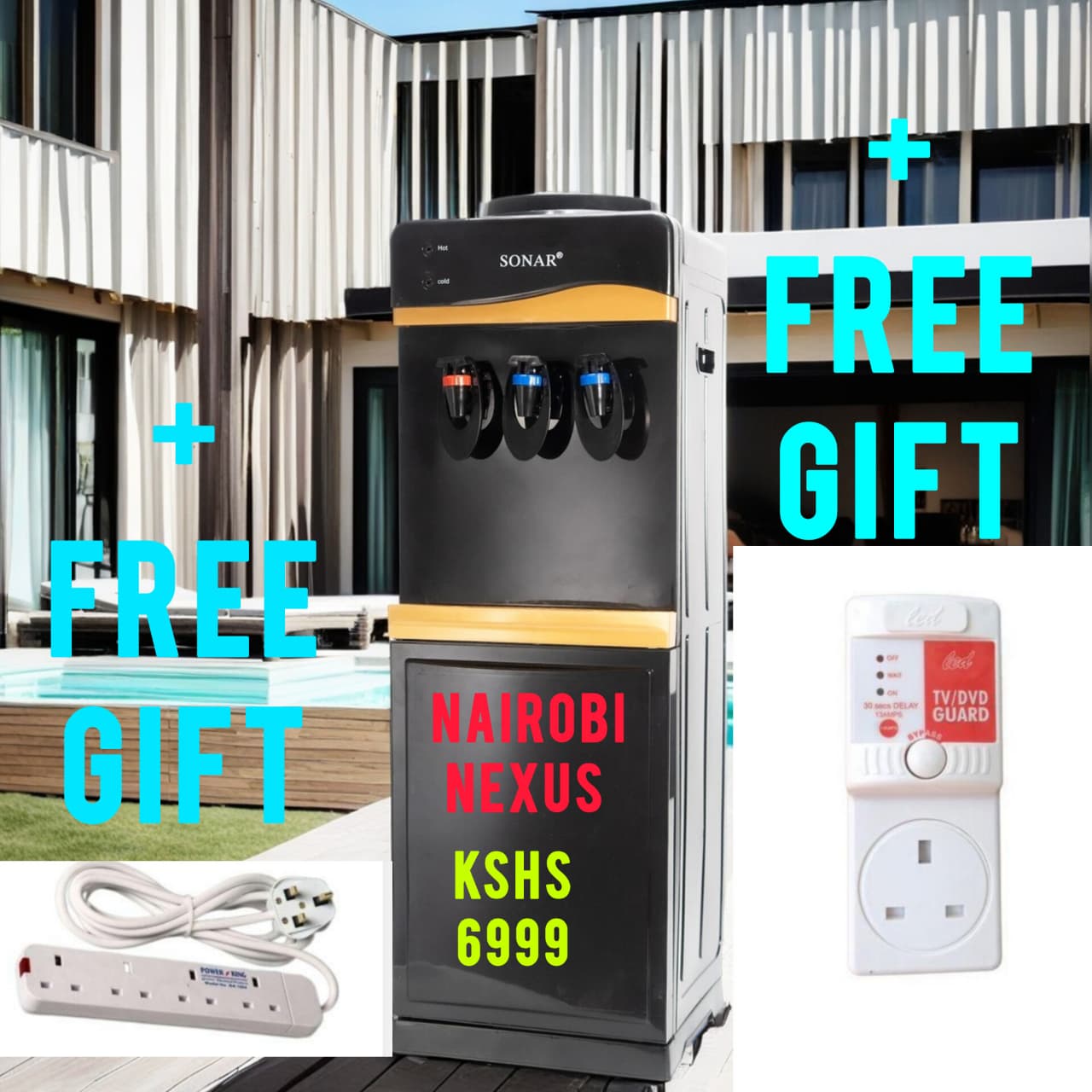 Sonar Hot And Cold Standing Water Dispenser/Hot and Cold /Low power consumption/Easy to use/Loading style is top loading/Storage cabinet in bottom + FREE 4WAY EXTENSION & TV GUARD WHEN YOU BUY TODAY..