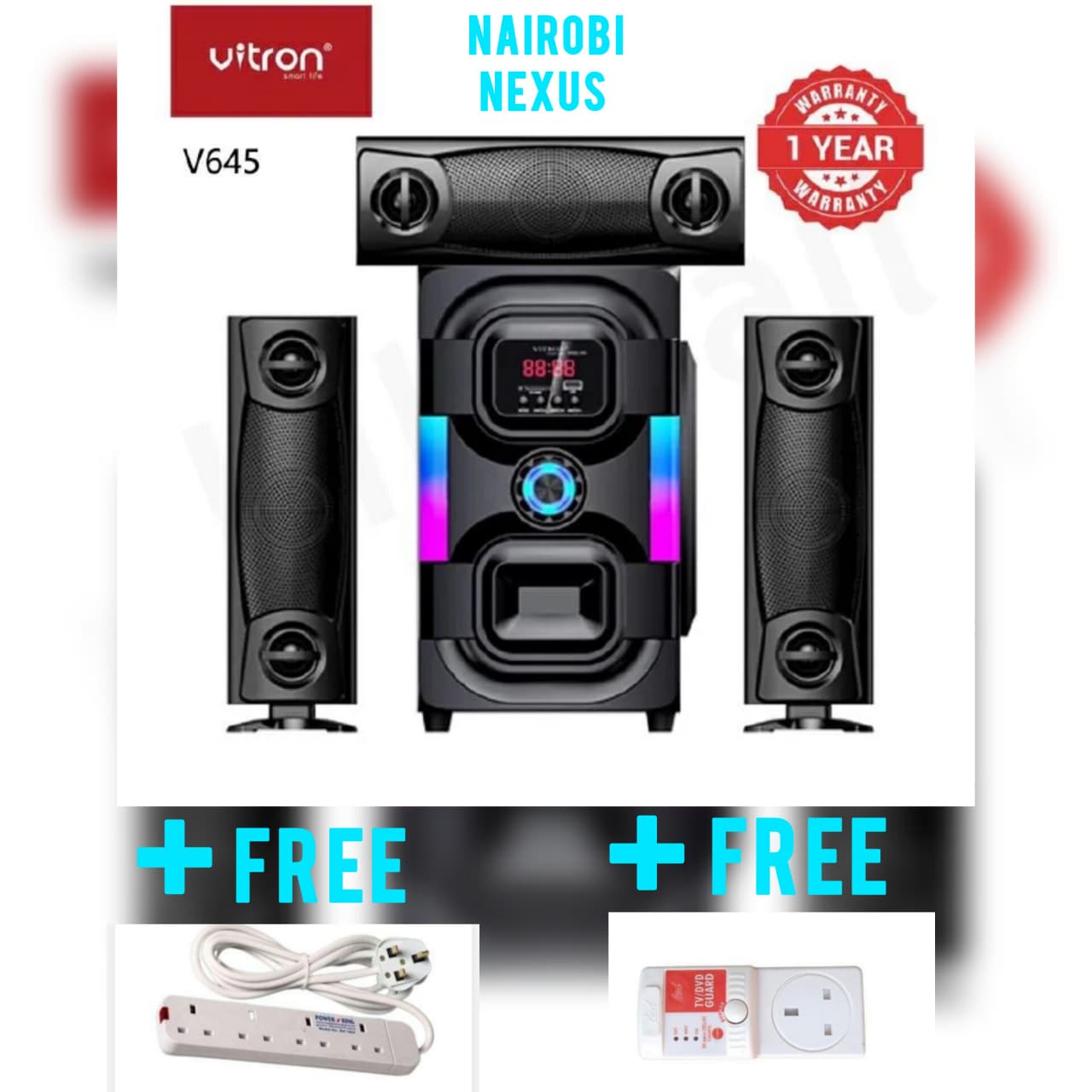 Vitron V645 NEW MULTIMEDIA SPEAKER FM/BT/USB-SUPERBASS / BASS HomeTheatre SubWoofer Sounds/BT/USB/FM/FM radio
Bluetooth wireless Connection
USB Flash disk
SD Memory card
Aux in
Remote control
PMPO:100