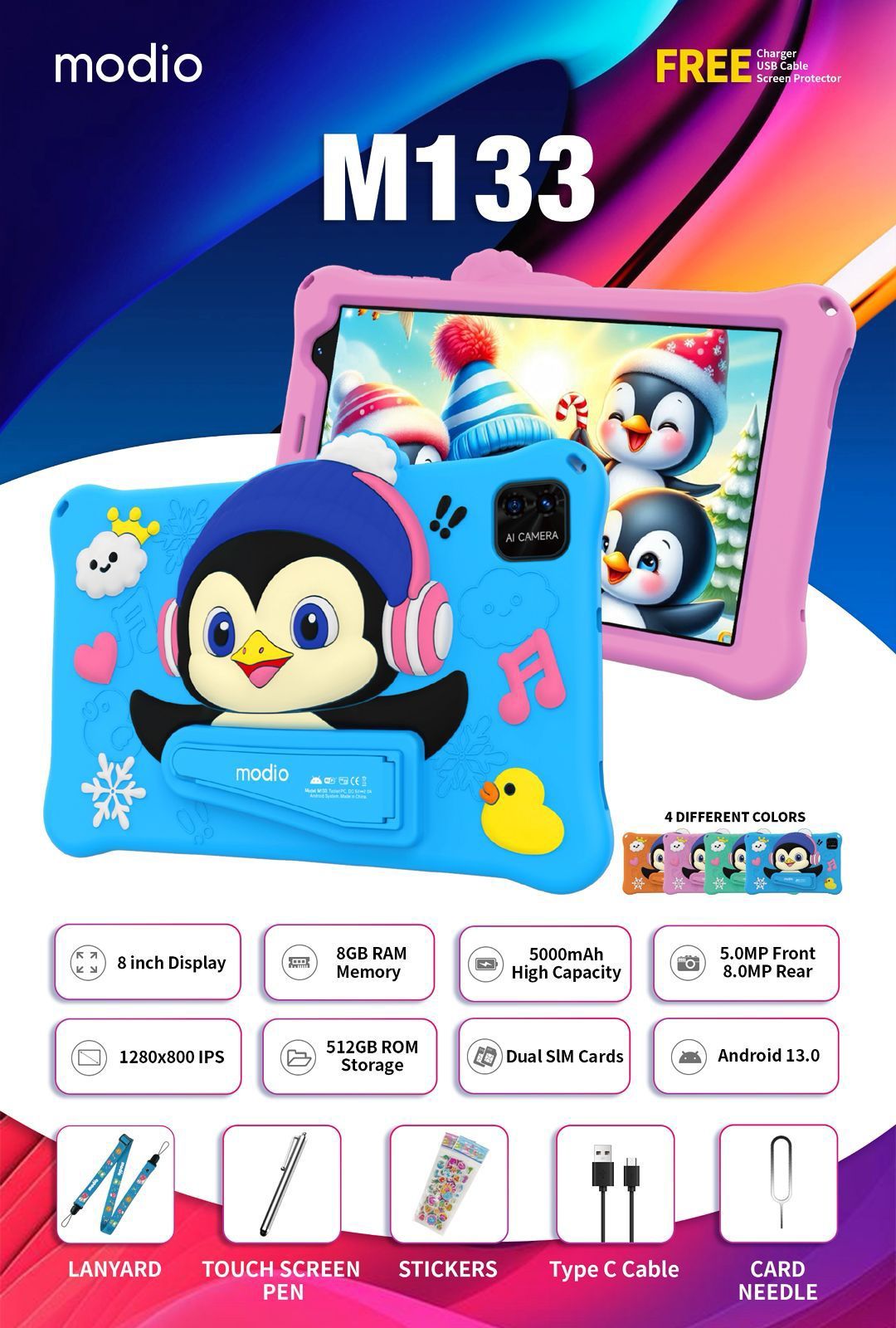 Modio M133 Tablet PC, Display 8"inch, Memory 512GB ROM + 8GB RAM, Battery 5000mah, Camera 8mp+5mp, Dual SIM, Flip case, Keyboard & Touch pen TABLET!!