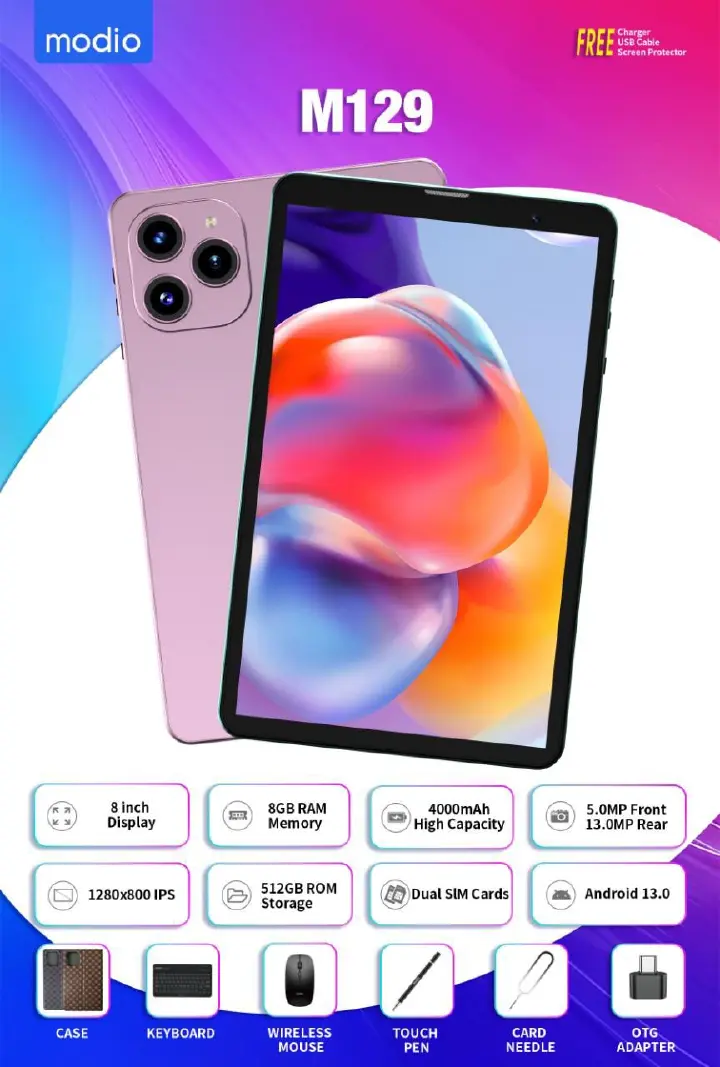 {Random color} Brand New Modio M129 Tablet PC, Display 8"inch, Memory 512GB ROM + 8GB RAM, Battery 5000mah, Camera 8mp+5mp, Dual SIM, Flip case, Keyboard & Touch pen TABLET!!