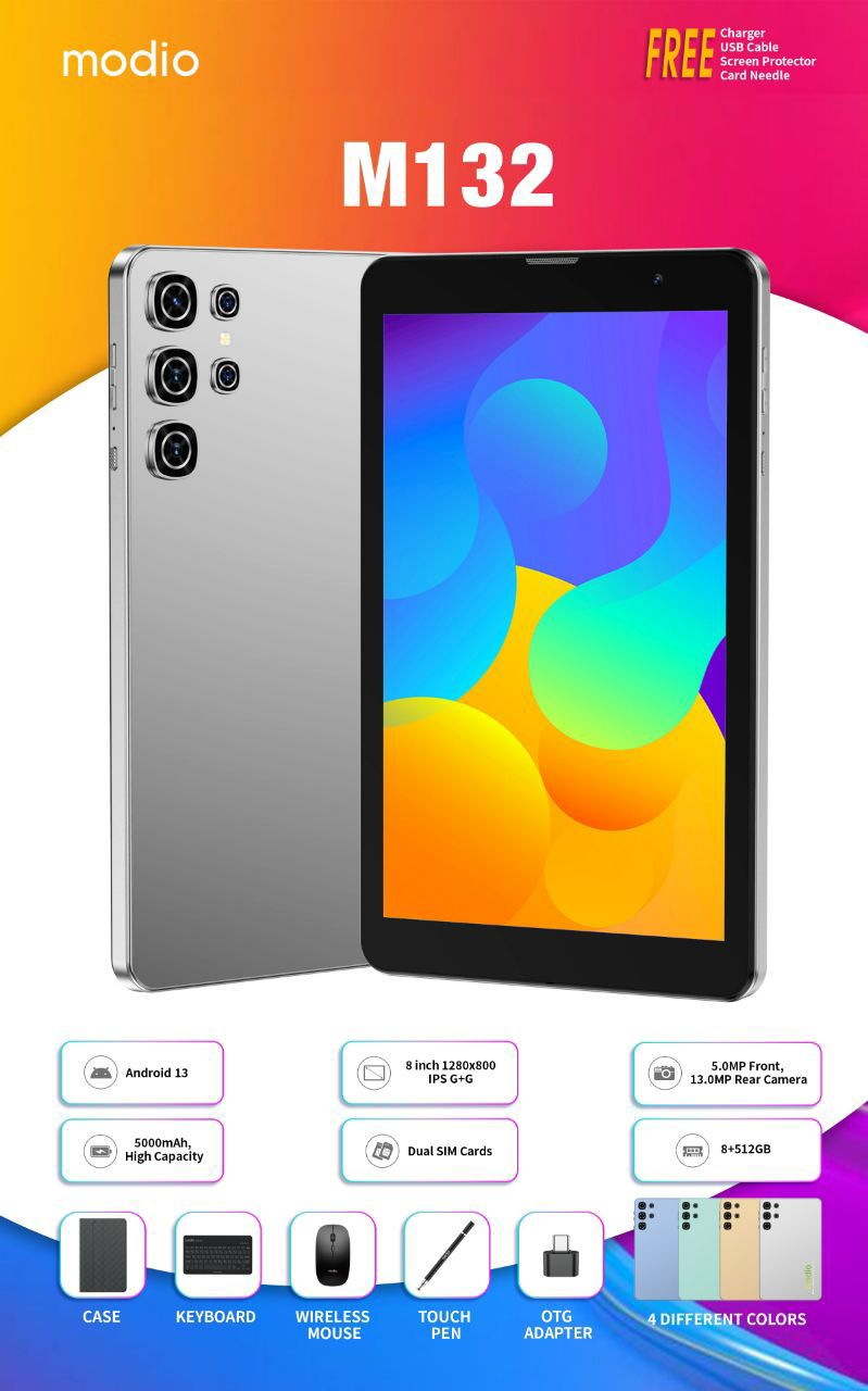Modio M132 Tablet PC, Display 8"inch, Memory 512GB ROM + 8GB RAM, Battery 5000mah, Camera 13mp+5mp, Dual SIM, Flip case, Keyboard & Touch pen TABLET!!