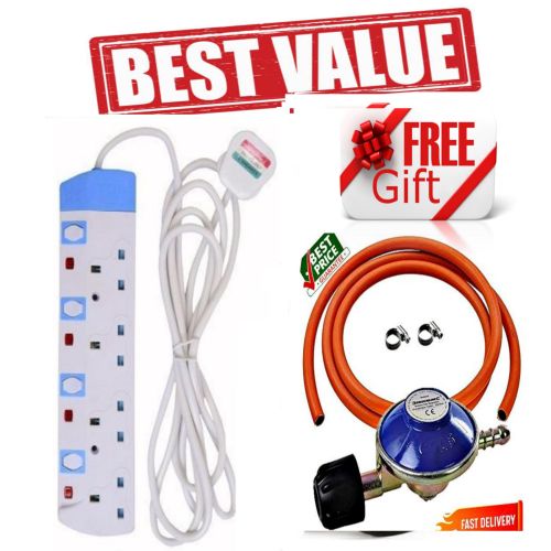 Power King Power Extention // 4 Way Extension Cable, 13A, Long Cable -Recommended +FREE GAS Regulator , Clips And Hose Pipe