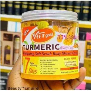 VEET GOLD Turmeric Tumeric Whitening Salt Scrub Body Shower Cream 500g aims to reduce the appearance of wrinkles and fine lines while restoring skin radiance extract to lighten dark spots,hyperpigment