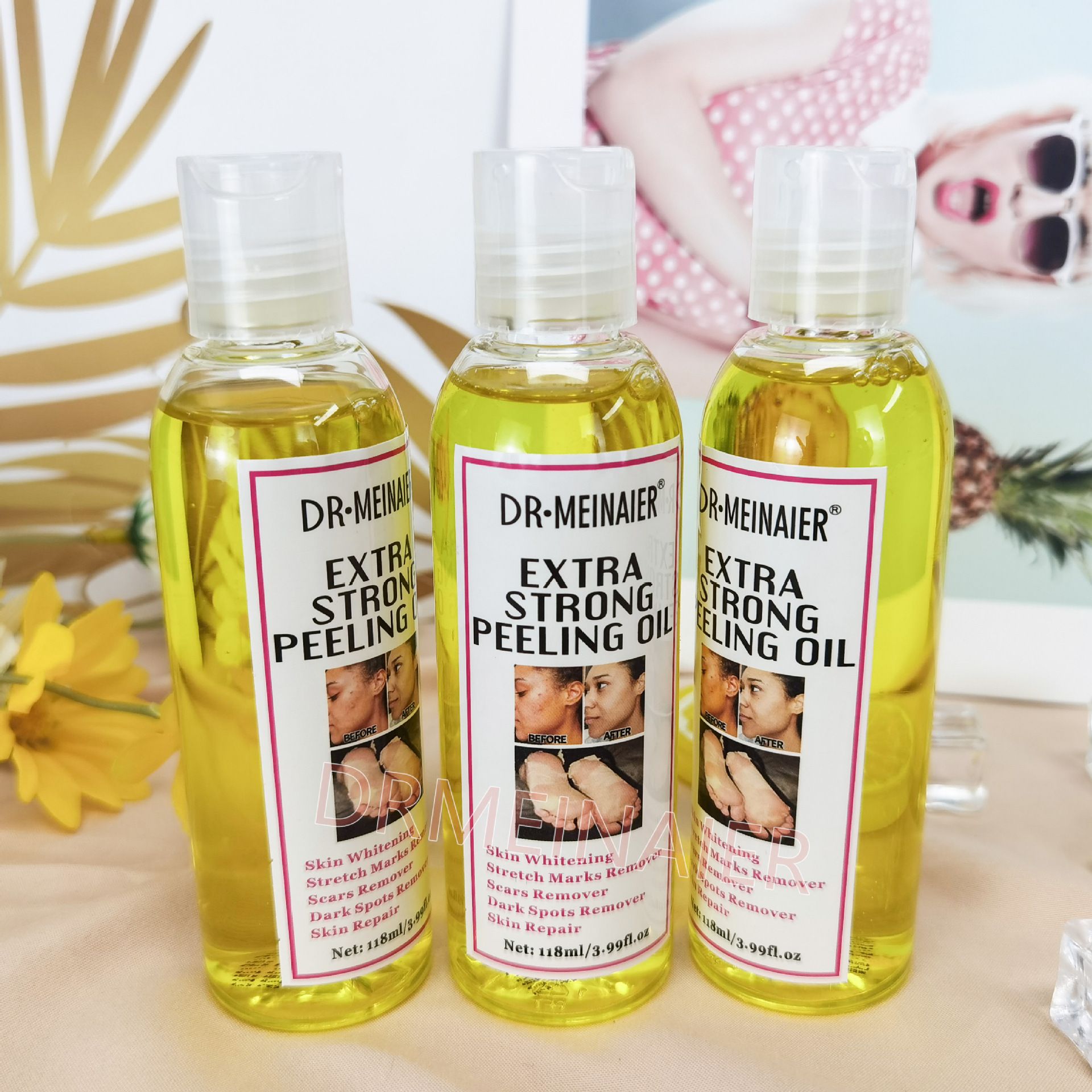 DR MEINAIER Extra Strong Peeling Oil is a powerful exfoliating and skin-lightening solution designed to remove dead skin cells,reduce the appearance of scars,stretch marks and dark spots and promotion