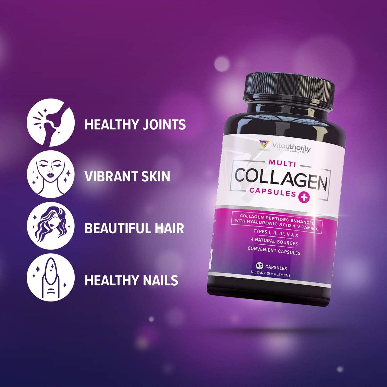 Multi collagen capsules that contains collagen peptides enhanced with hyaluronic acid & vitamin c
