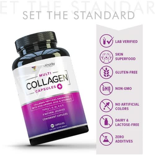Multi collagen capsules that contains collagen peptides enhanced with hyaluronic acid & vitamin c