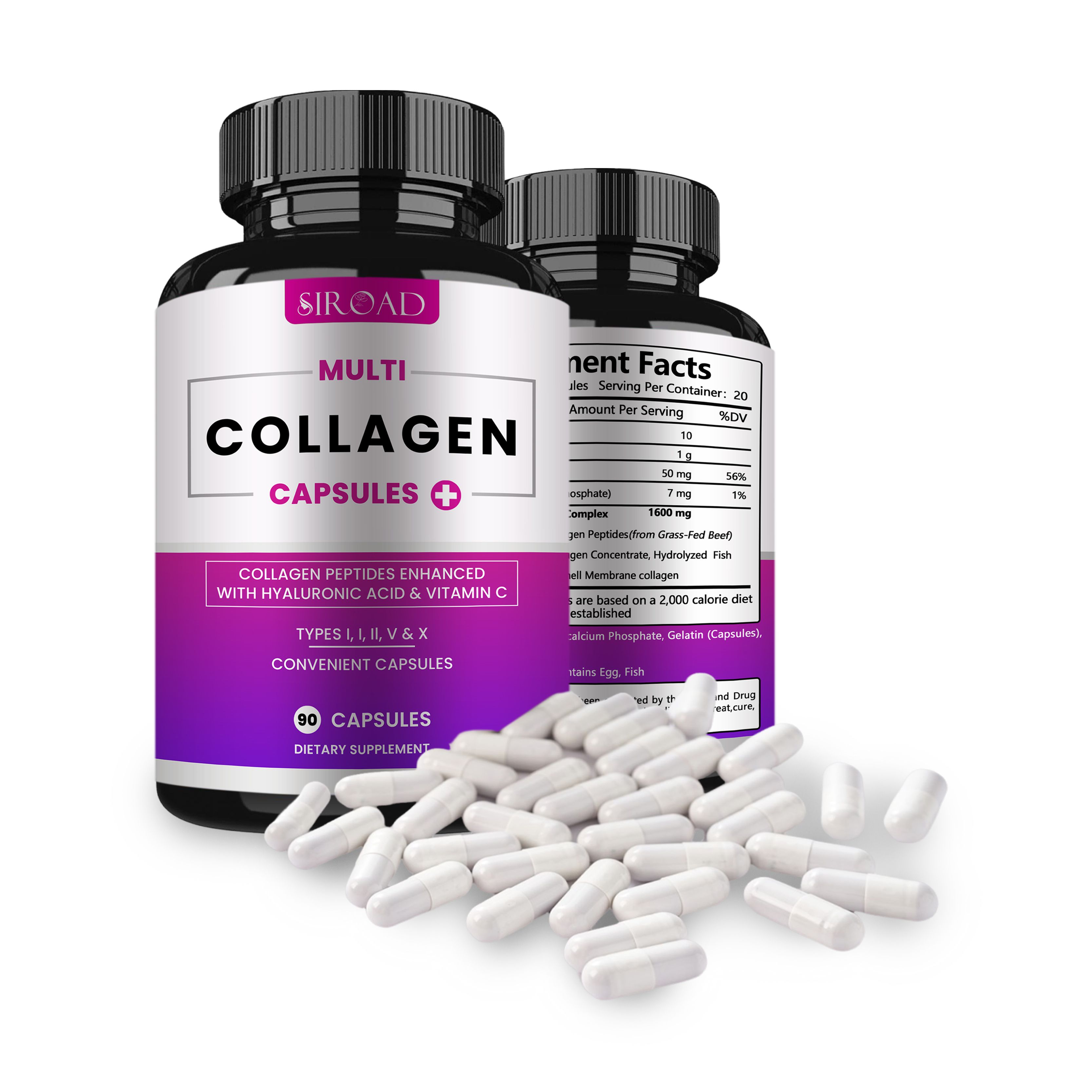 Multi collagen capsules that contains collagen peptides enhanced with hyaluronic acid & vitamin c