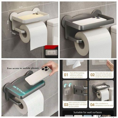 Punch Free Toilet Tissue Holder Bathroom Wall Mounted Waterproof Tissue Storage Box with Phone Shelf Strong Adhesive Durable Space Saving
