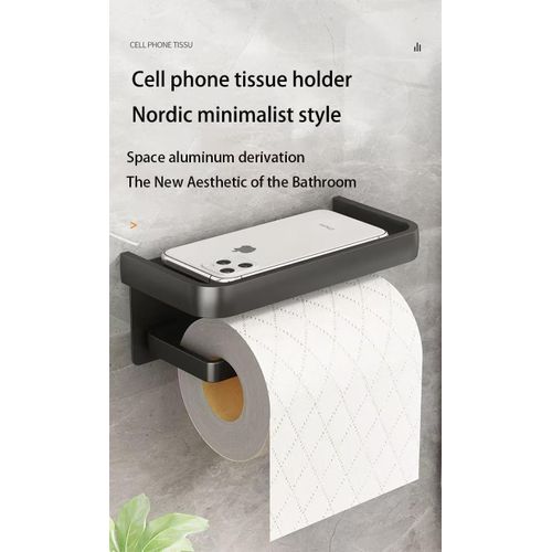 Punch Free Toilet Tissue Holder Bathroom Wall Mounted Waterproof Tissue Storage Box with Phone Shelf Strong Adhesive Durable Space Saving