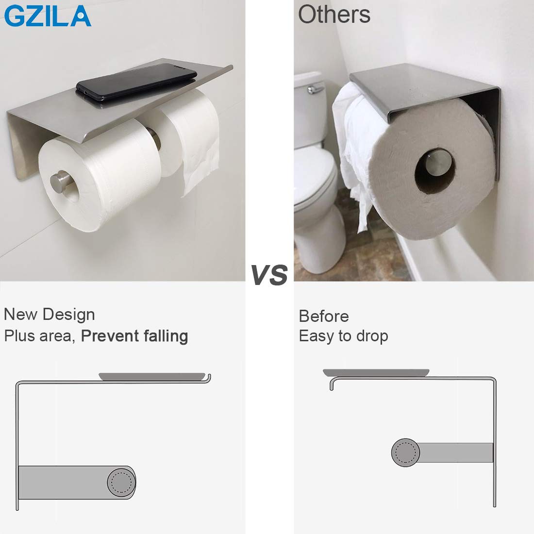 Punch Free Toilet Tissue Holder Bathroom Wall Mounted Waterproof Tissue Storage Box with Phone Shelf Strong Adhesive Durable Space Saving