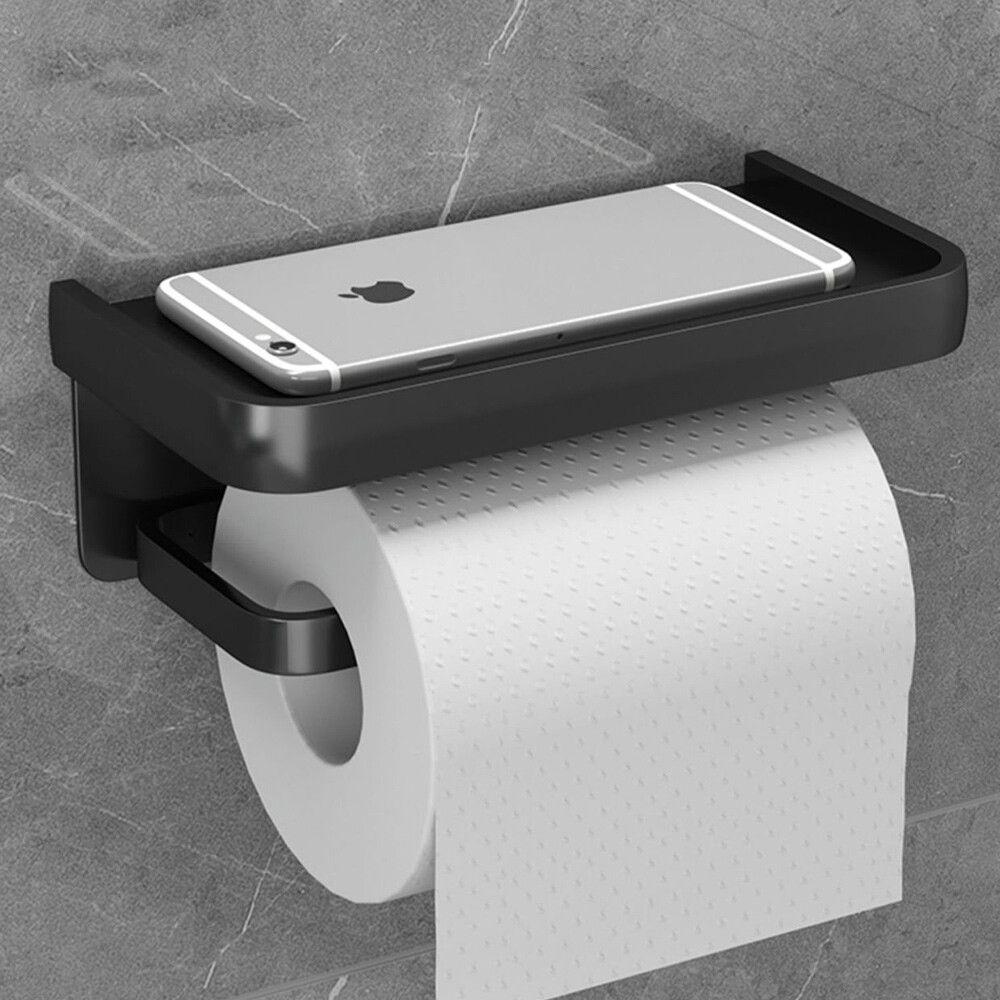 Punch Free Toilet Tissue Holder Bathroom Wall Mounted Waterproof Tissue Storage Box with Phone Shelf Strong Adhesive Durable Space Saving