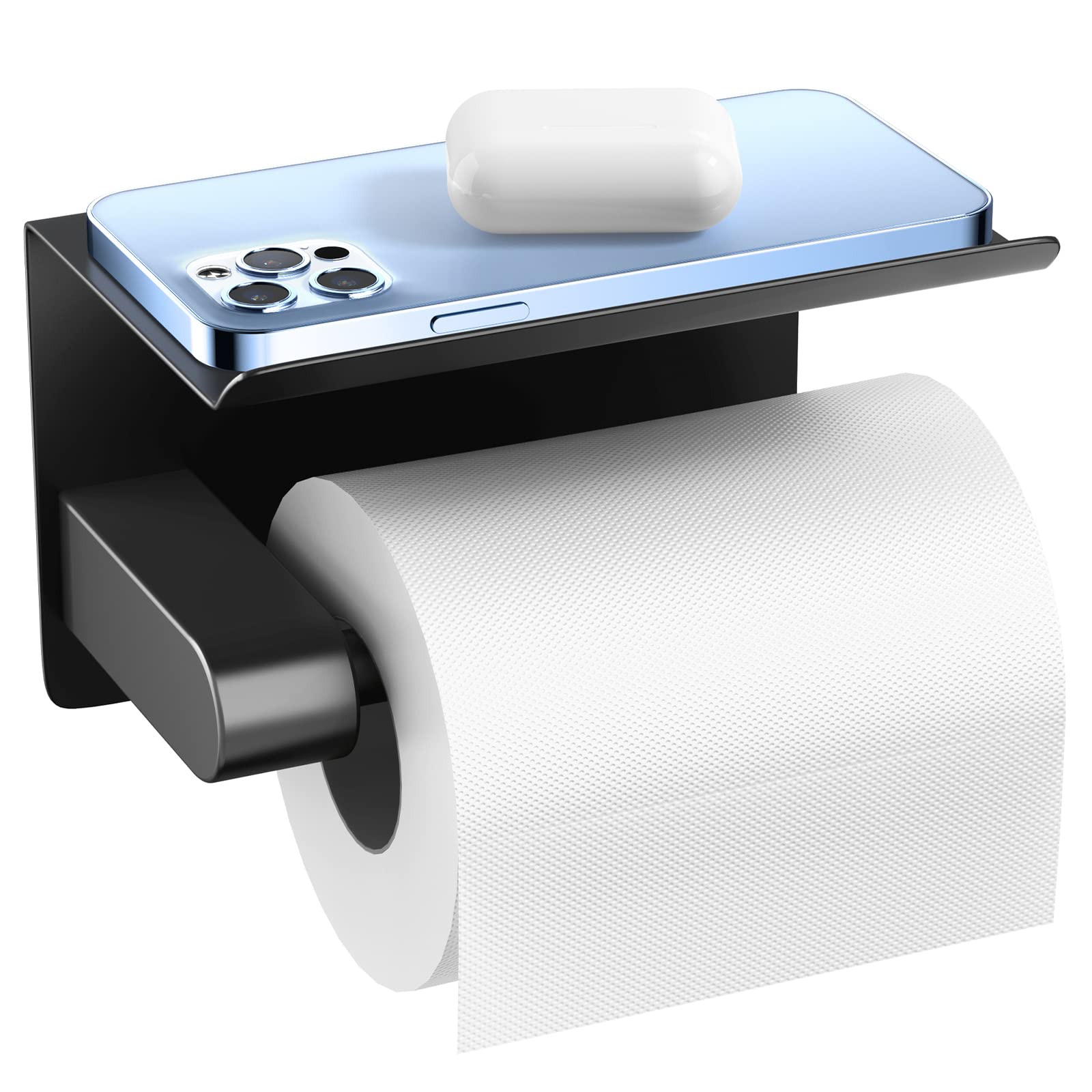 Punch Free Toilet Tissue Holder Bathroom Wall Mounted Waterproof Tissue Storage Box with Phone Shelf Strong Adhesive Durable Space Saving