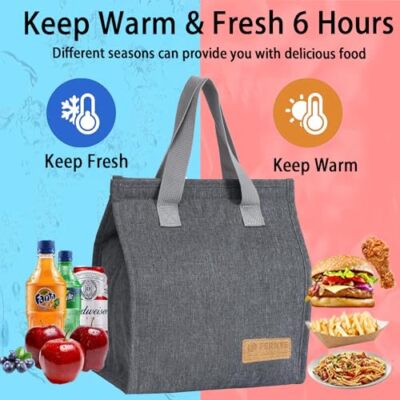 Tote lunch bag.The bag is made with a durable outer material and a waterproof, insulated foil lining that keeps contents cool or warm for hours.The convenient handle and secure zipper closure .