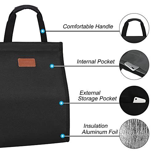 Tote lunch bag.The bag is made with a durable outer material and a waterproof, insulated foil lining that keeps contents cool or warm for hours.The convenient handle and secure zipper closure .