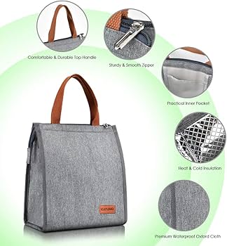 Tote lunch bag.The bag is made with a durable outer material and a waterproof, insulated foil lining that keeps contents cool or warm for hours.The convenient handle and secure zipper closure .