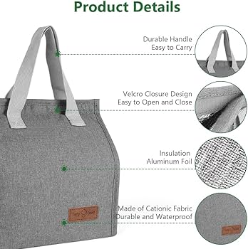 Tote lunch bag.The bag is made with a durable outer material and a waterproof, insulated foil lining that keeps contents cool or warm for hours.The convenient handle and secure zipper closure .