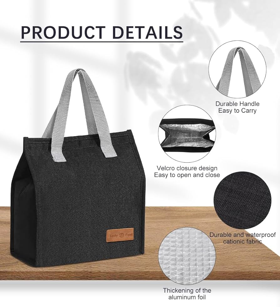 Tote lunch bag.The bag is made with a durable outer material and a waterproof, insulated foil lining that keeps contents cool or warm for hours.The convenient handle and secure zipper closure .