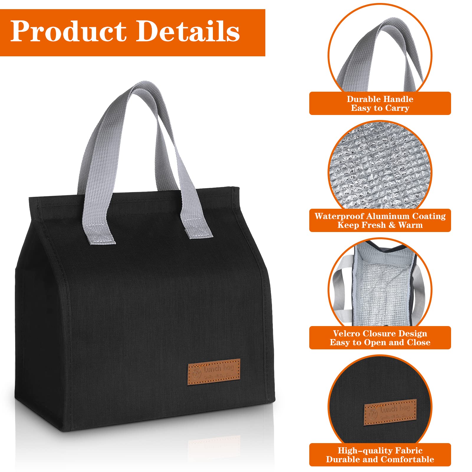 Tote lunch bag.The bag is made with a durable outer material and a waterproof, insulated foil lining that keeps contents cool or warm for hours.The convenient handle and secure zipper closure .