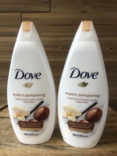 Dove Purely Pampering Shea Butter & Warm Vanilla Body Wash+Exfoliating gloves Our Pampering Body Wash is formulated with our skin-natural moisturisers that help renew your skin’s natural moisture.