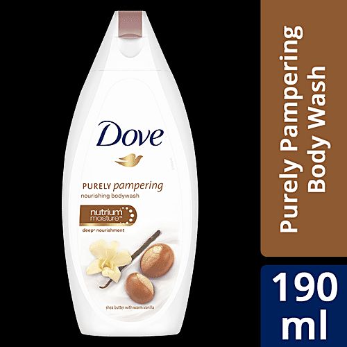 Dove Purely Pampering Shea Butter & Warm Vanilla Body Wash+Exfoliating gloves Our Pampering Body Wash is formulated with our skin-natural moisturisers that help renew your skin’s natural moisture.