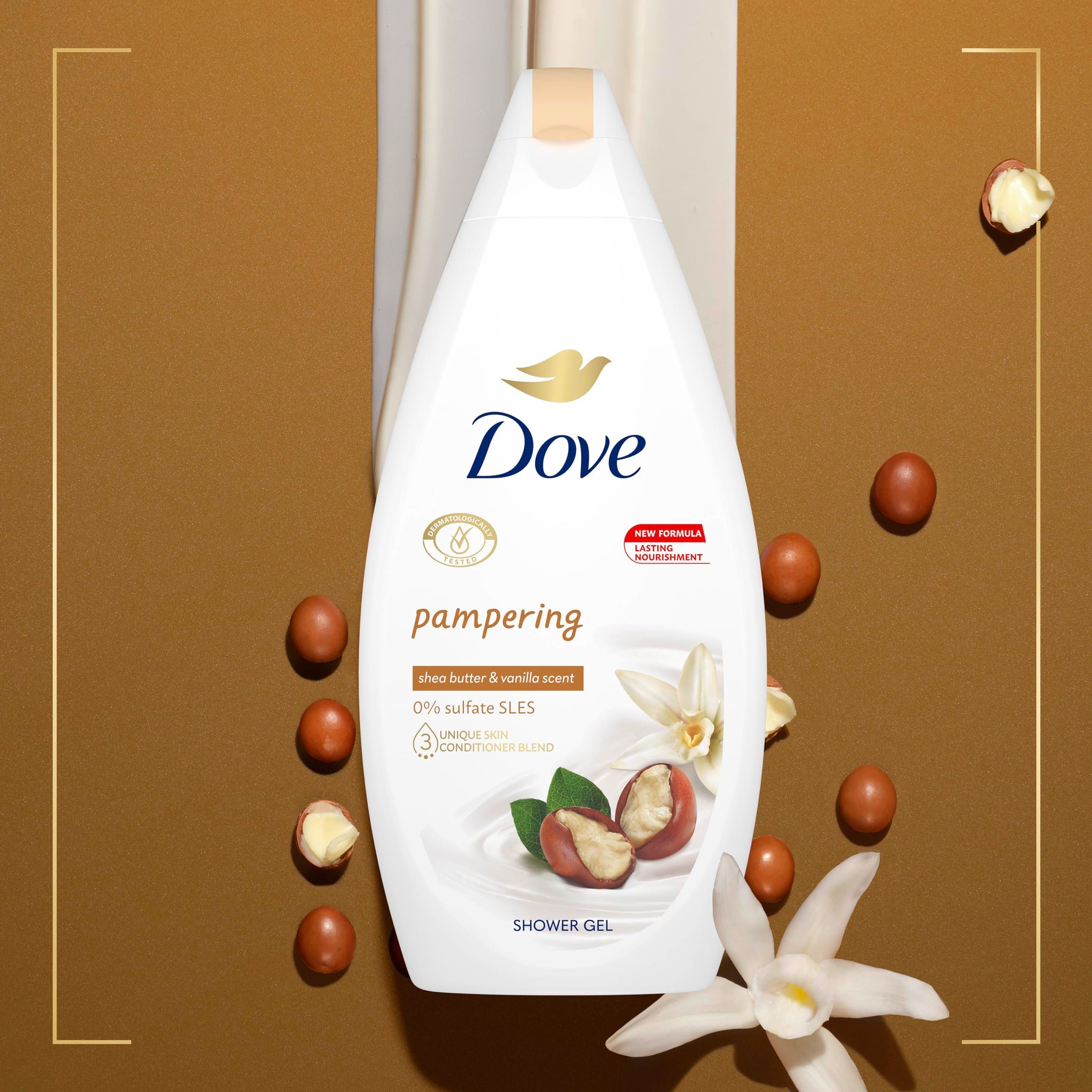 Dove Purely Pampering Shea Butter & Warm Vanilla Body Wash+Exfoliating gloves Our Pampering Body Wash is formulated with our skin-natural moisturisers that help renew your skin’s natural moisture.
