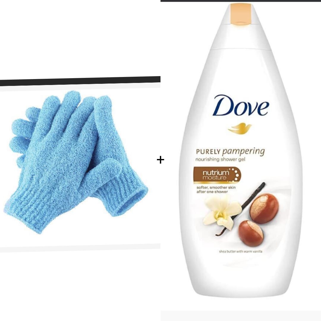 Dove Purely Pampering Shea Butter & Warm Vanilla Body Wash+Exfoliating gloves Our Pampering Body Wash is formulated with our skin-natural moisturisers that help renew your skin’s natural moisture.